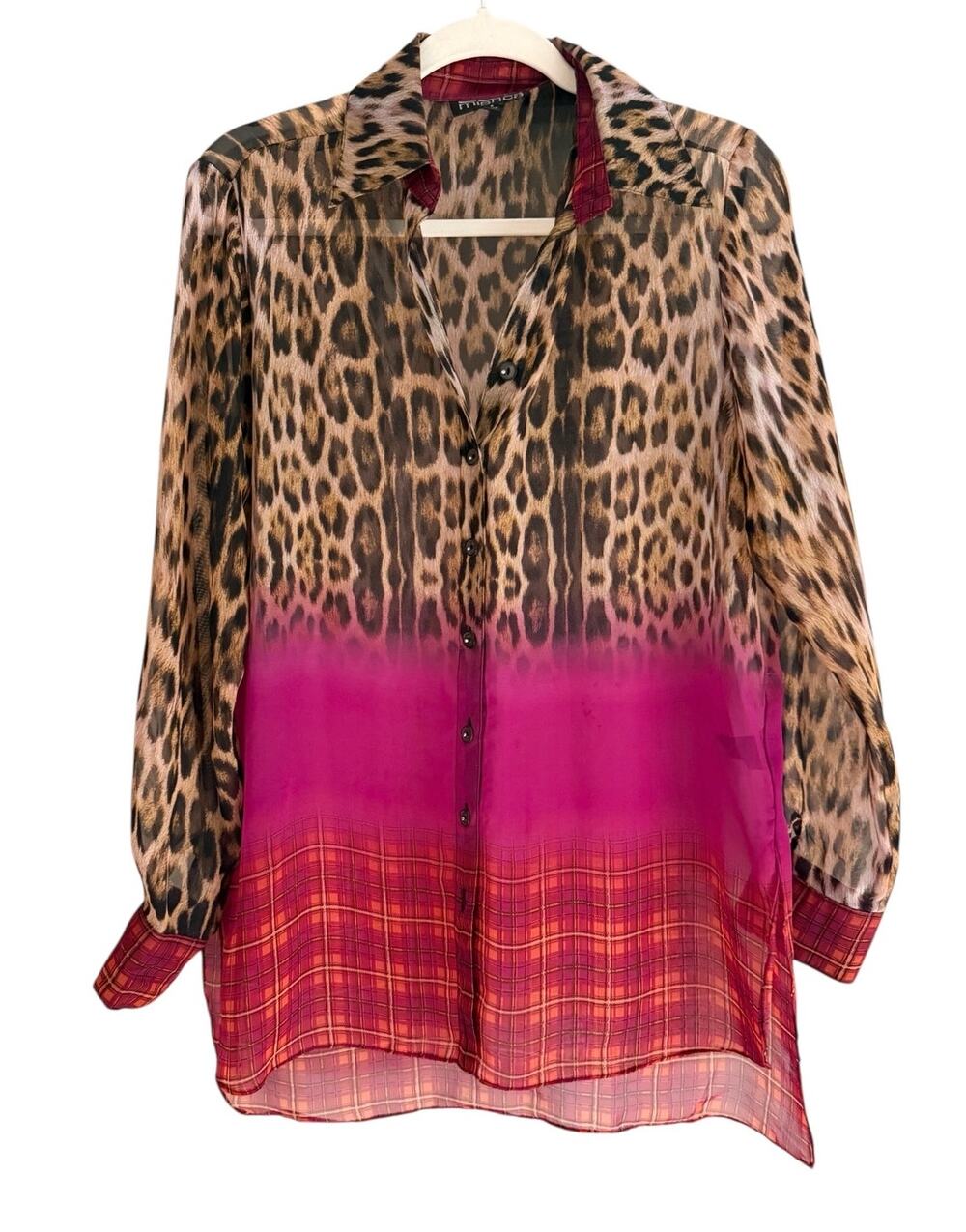 Mishca Sheer Leopard Colorblock Plaid Long Tunic Button Front Blouse Top S